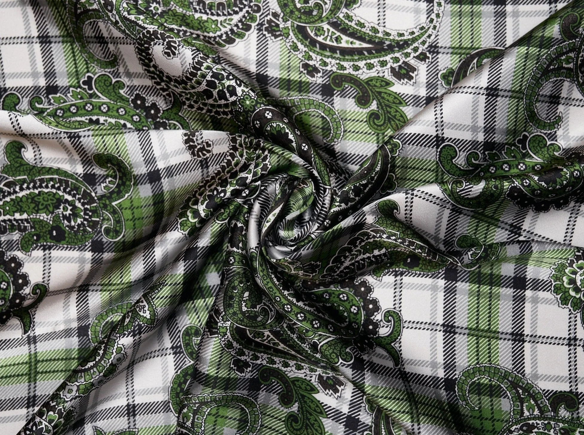 Charmeuse satin fabric by the yard -  Black and green paisley plaid print