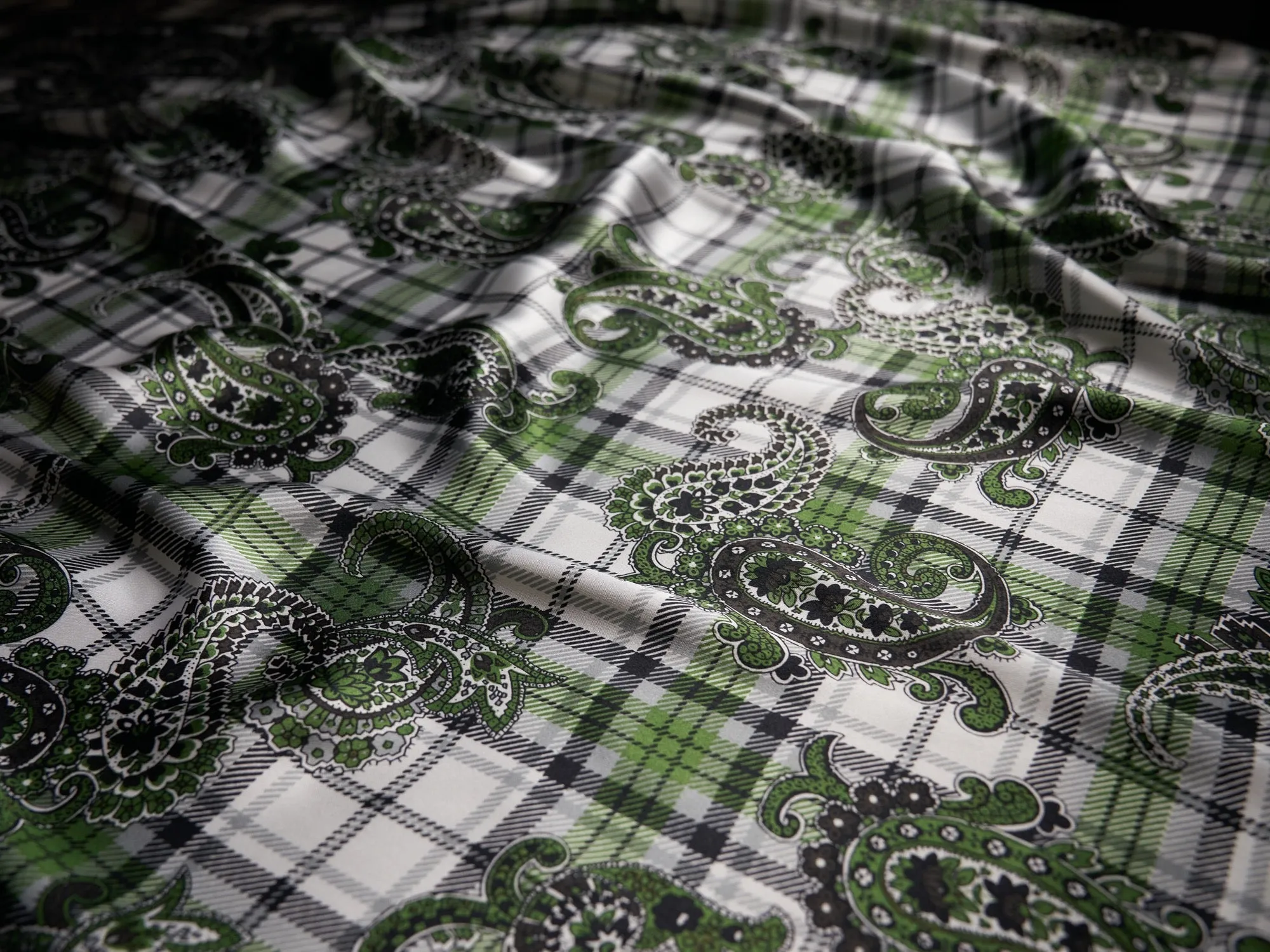 Charmeuse satin fabric by the yard -  Black and green paisley plaid print