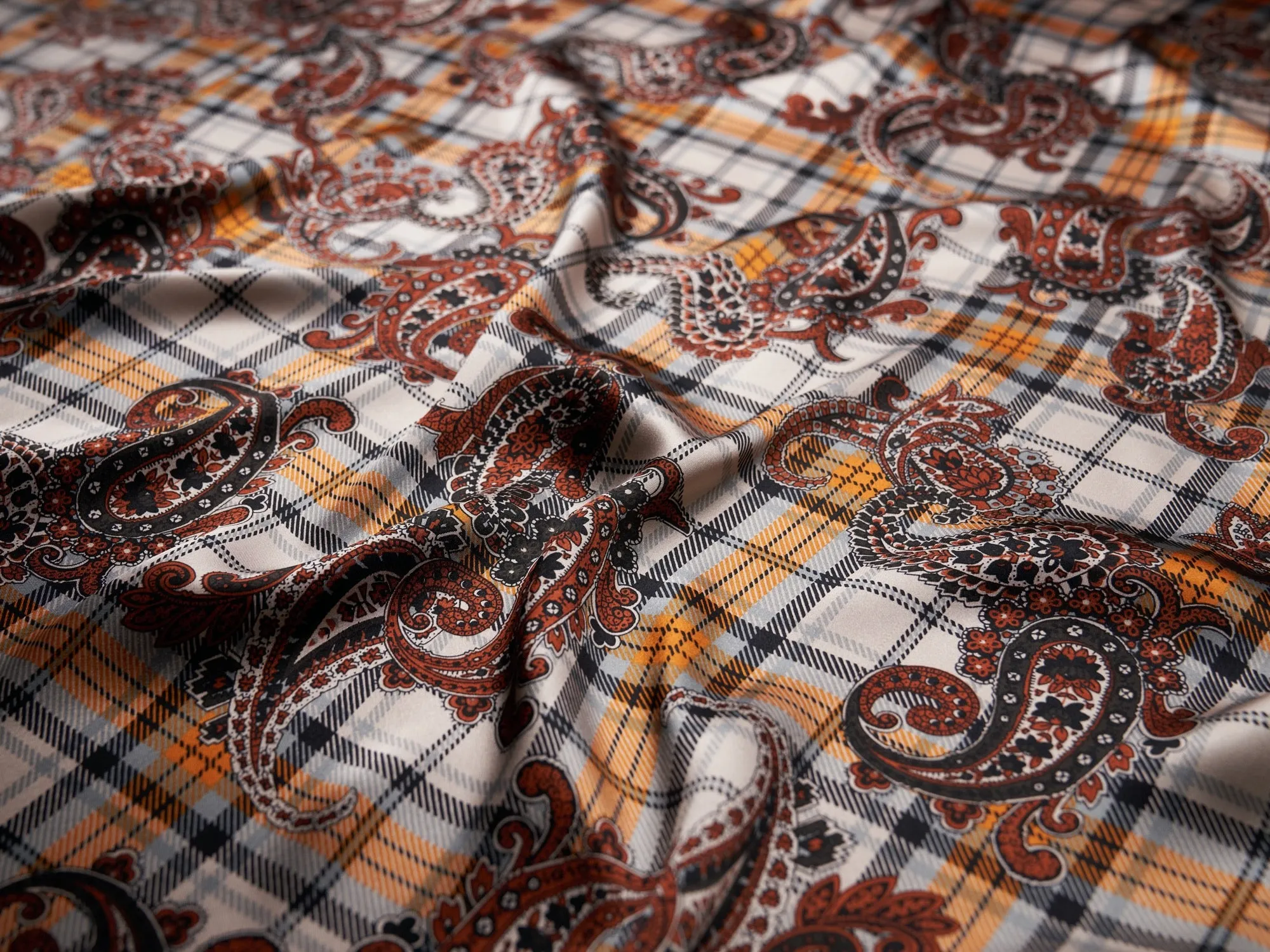 Charmeuse satin fabric by the yard -  Black and orange paisley plaid print