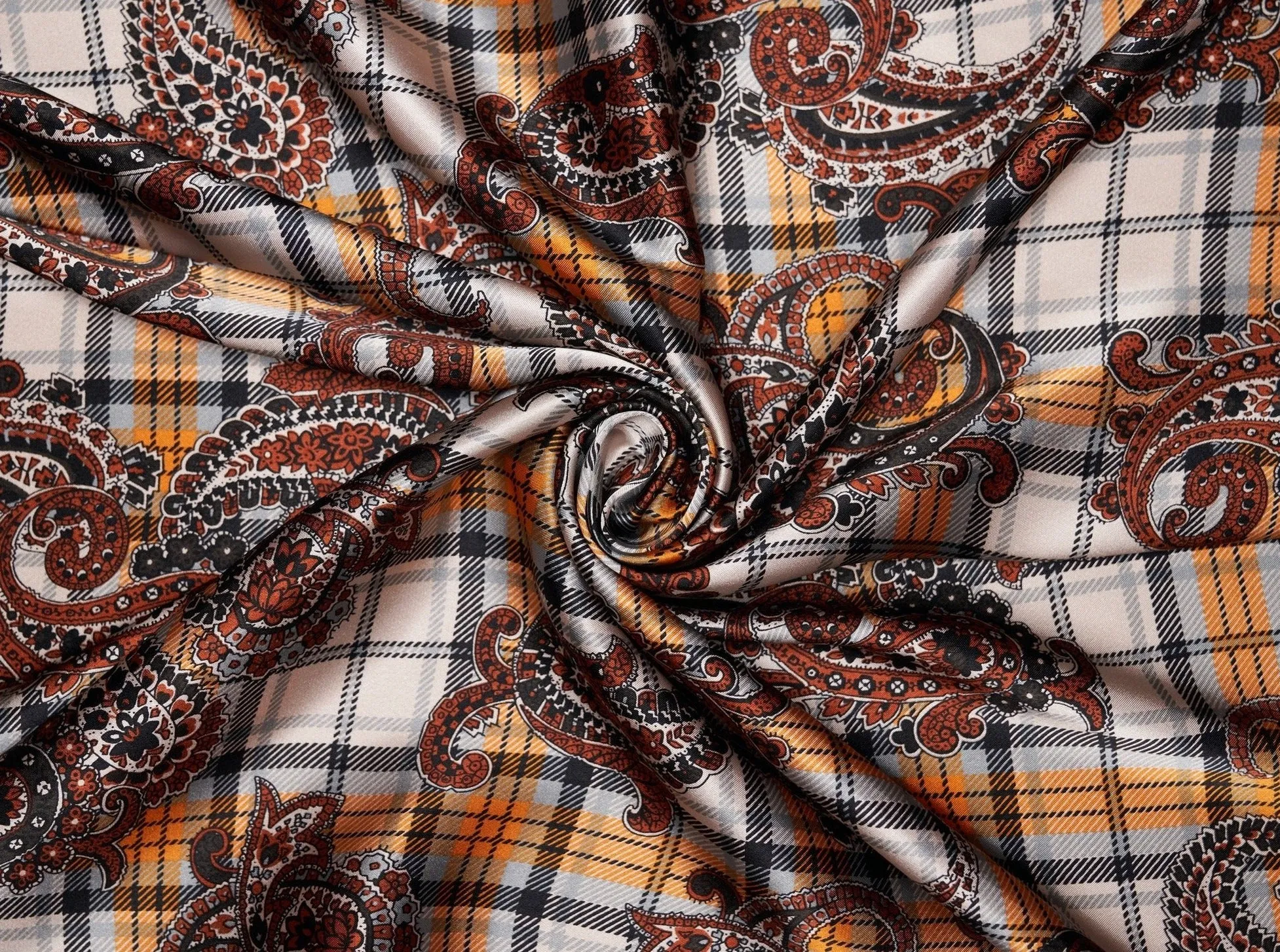 Charmeuse satin fabric by the yard -  Black and orange paisley plaid print
