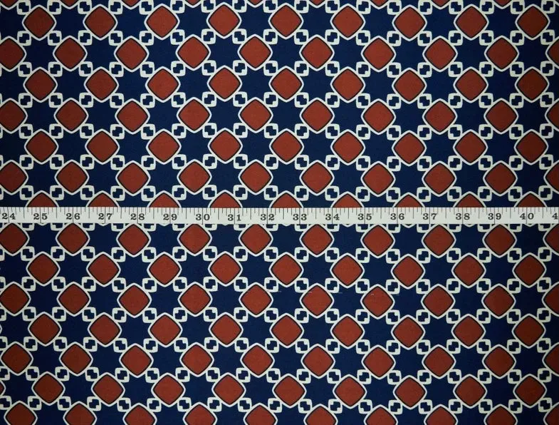 Charmeuse satin fabric by the yard -  Rusty brown  navy squares
