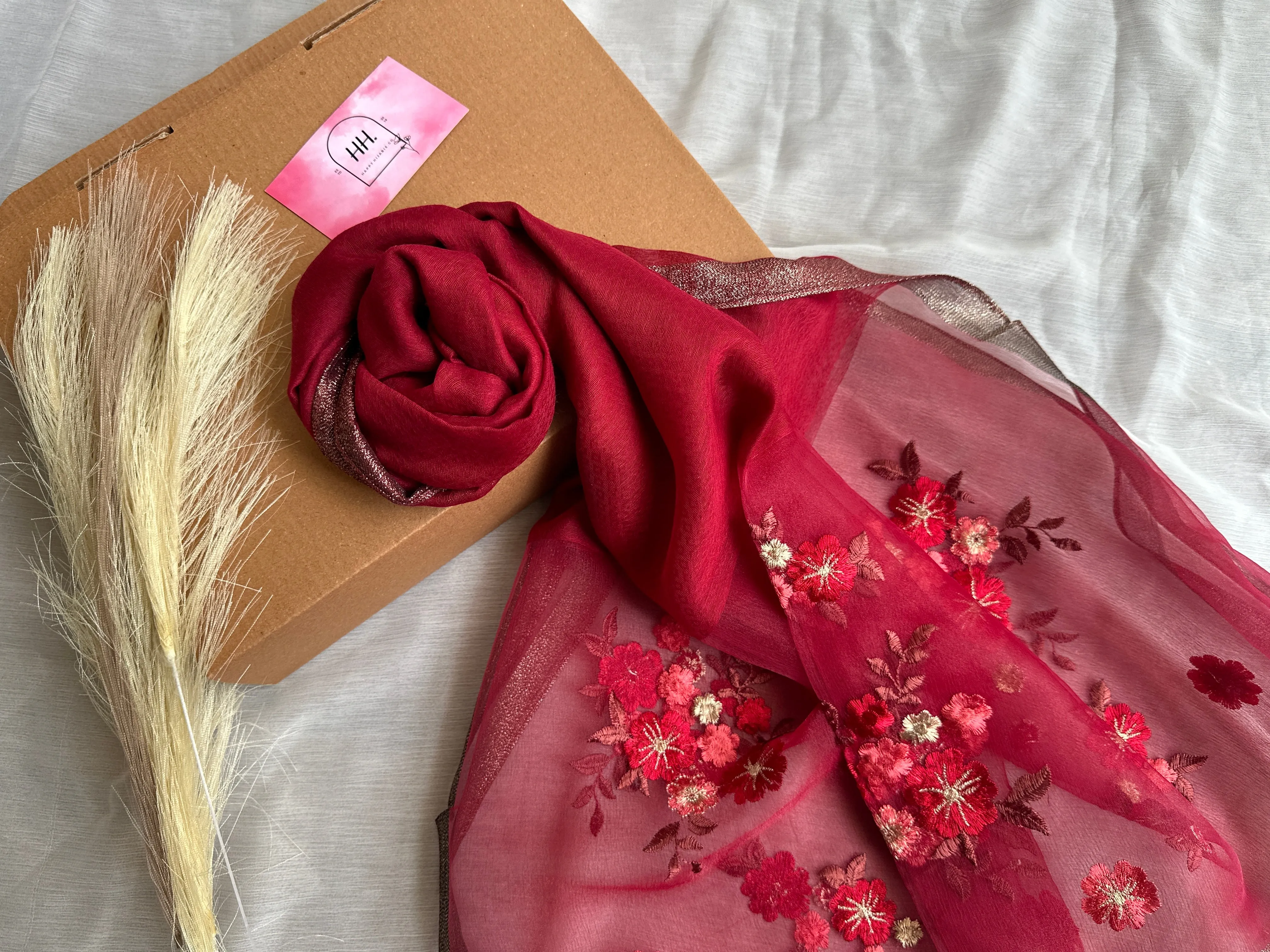 Embroidered Organza- Luxury Hijabs-Maroon