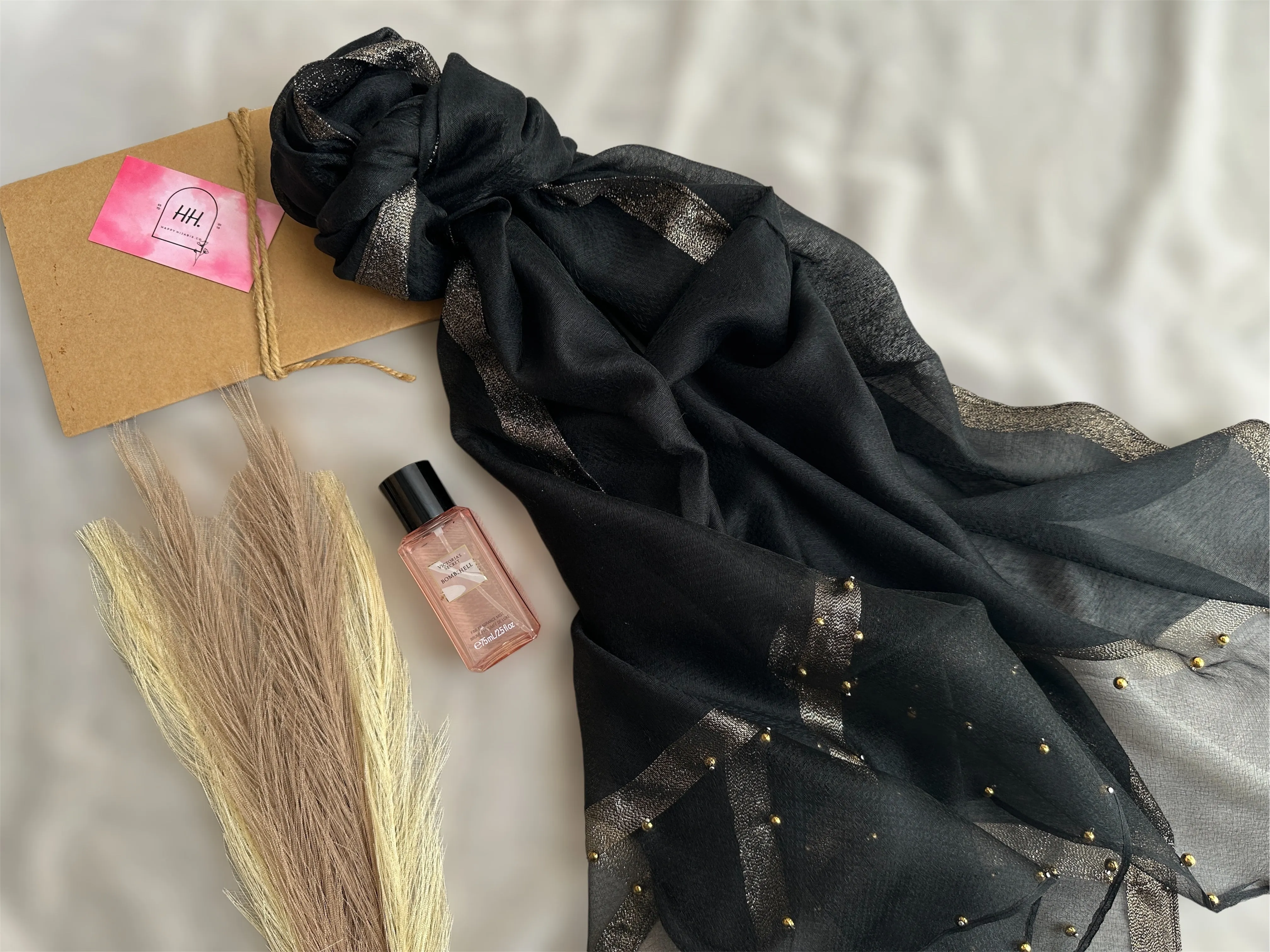 Golden Beaded Organza- Black- Luxury Hijabs