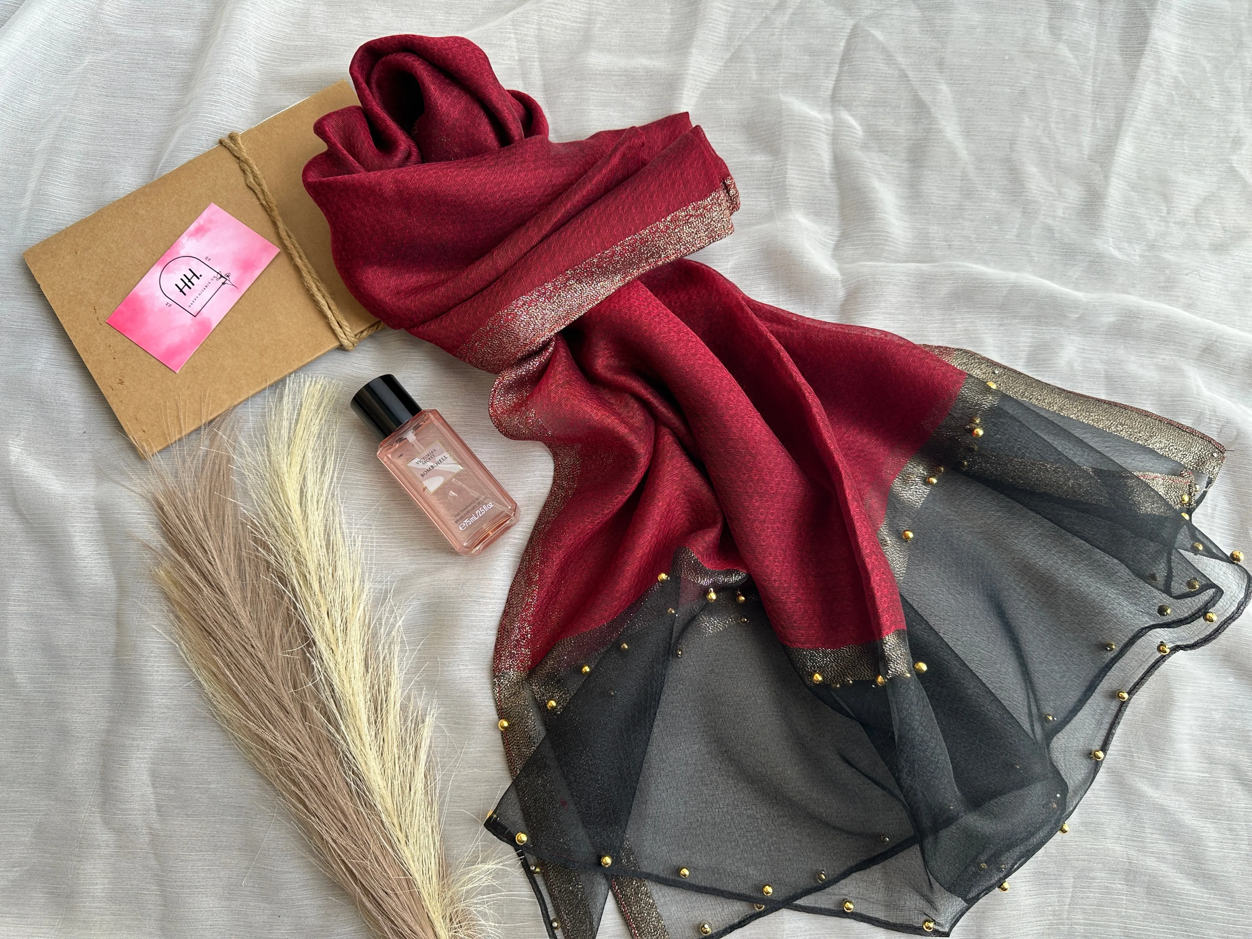 Golden Beaded Organza- Maroon- Luxury Hijabs