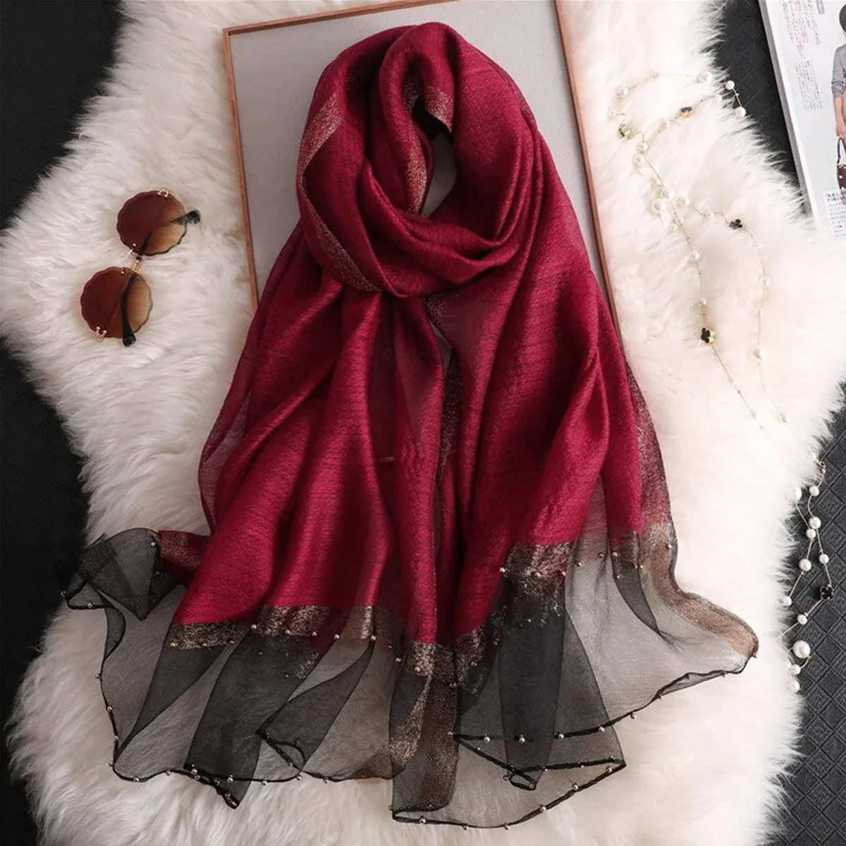 Golden Beaded Organza- Maroon- Luxury Hijabs
