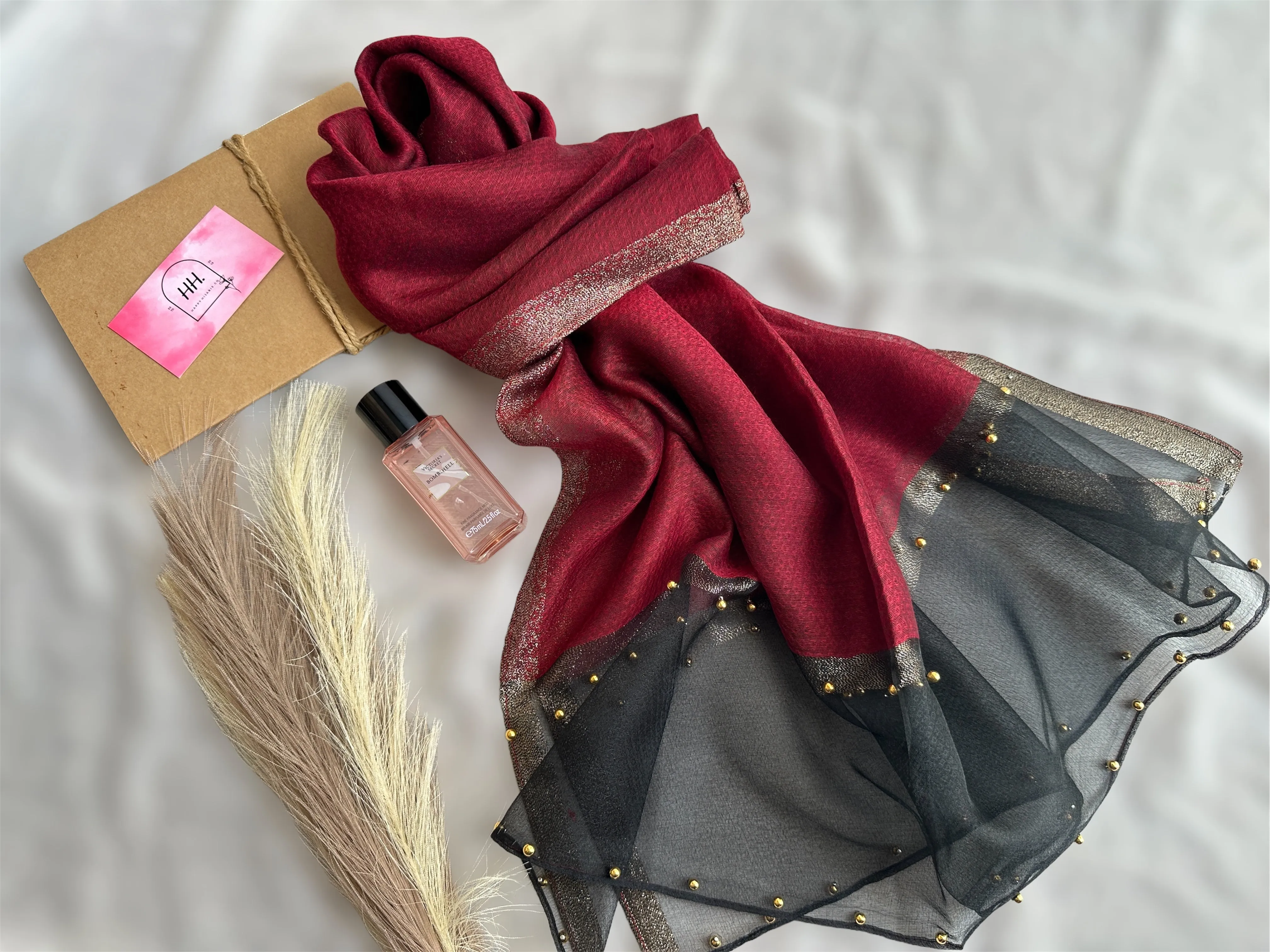 Golden Beaded Organza- Maroon- Luxury Hijabs