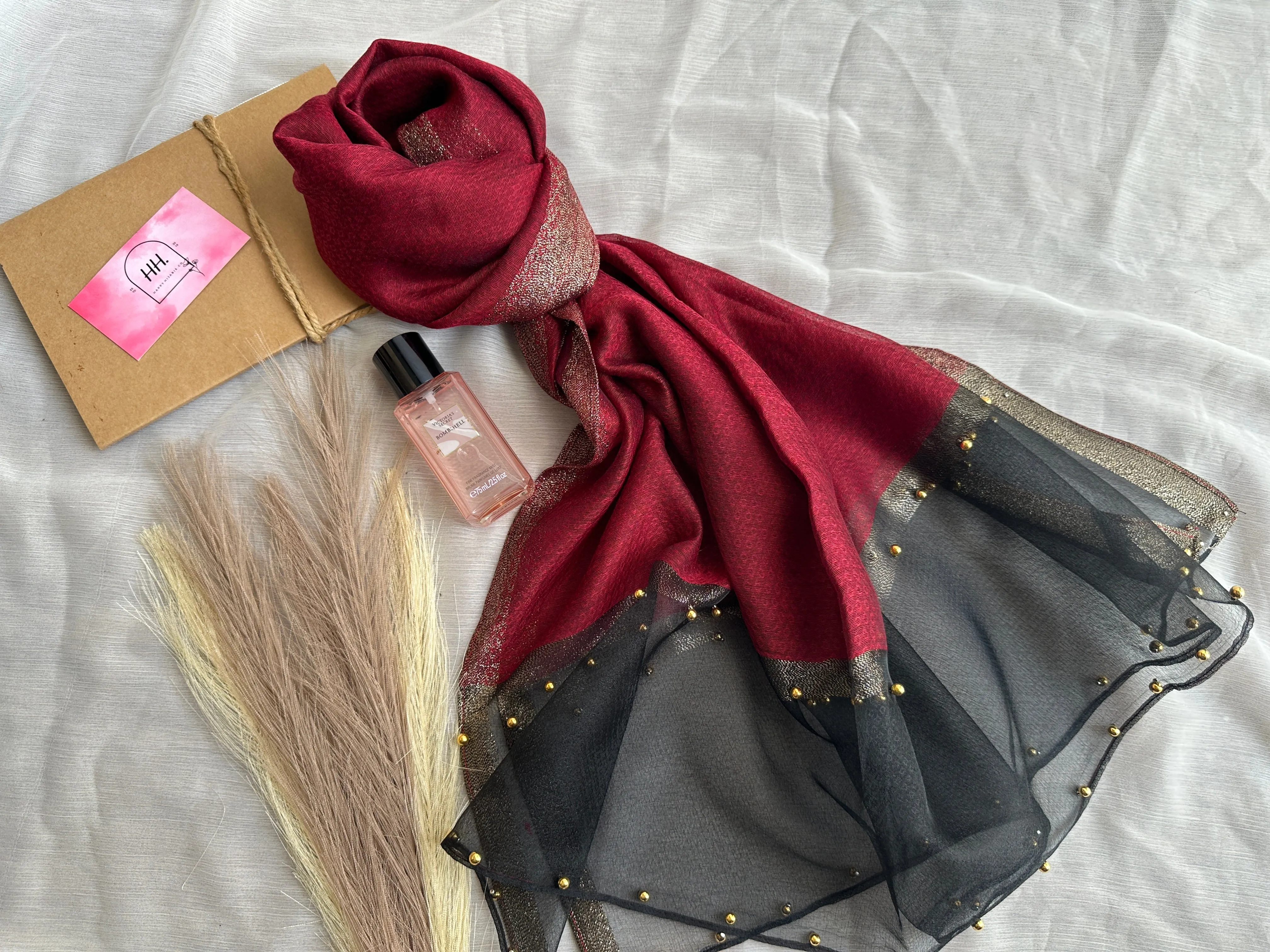 Golden Beaded Organza- Maroon- Luxury Hijabs