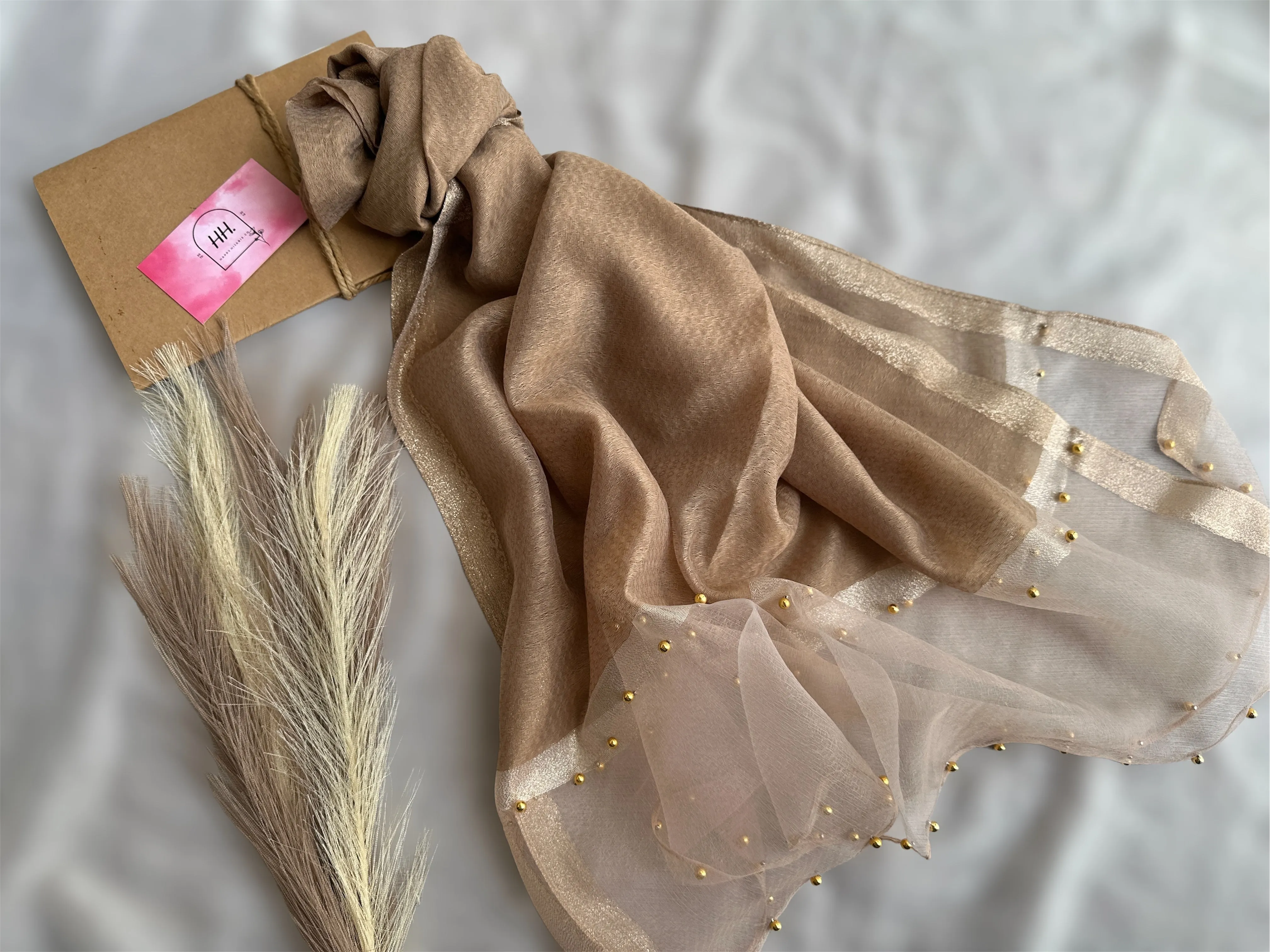 Golden Beaded Organza- Mocha- Luxury Hijabs