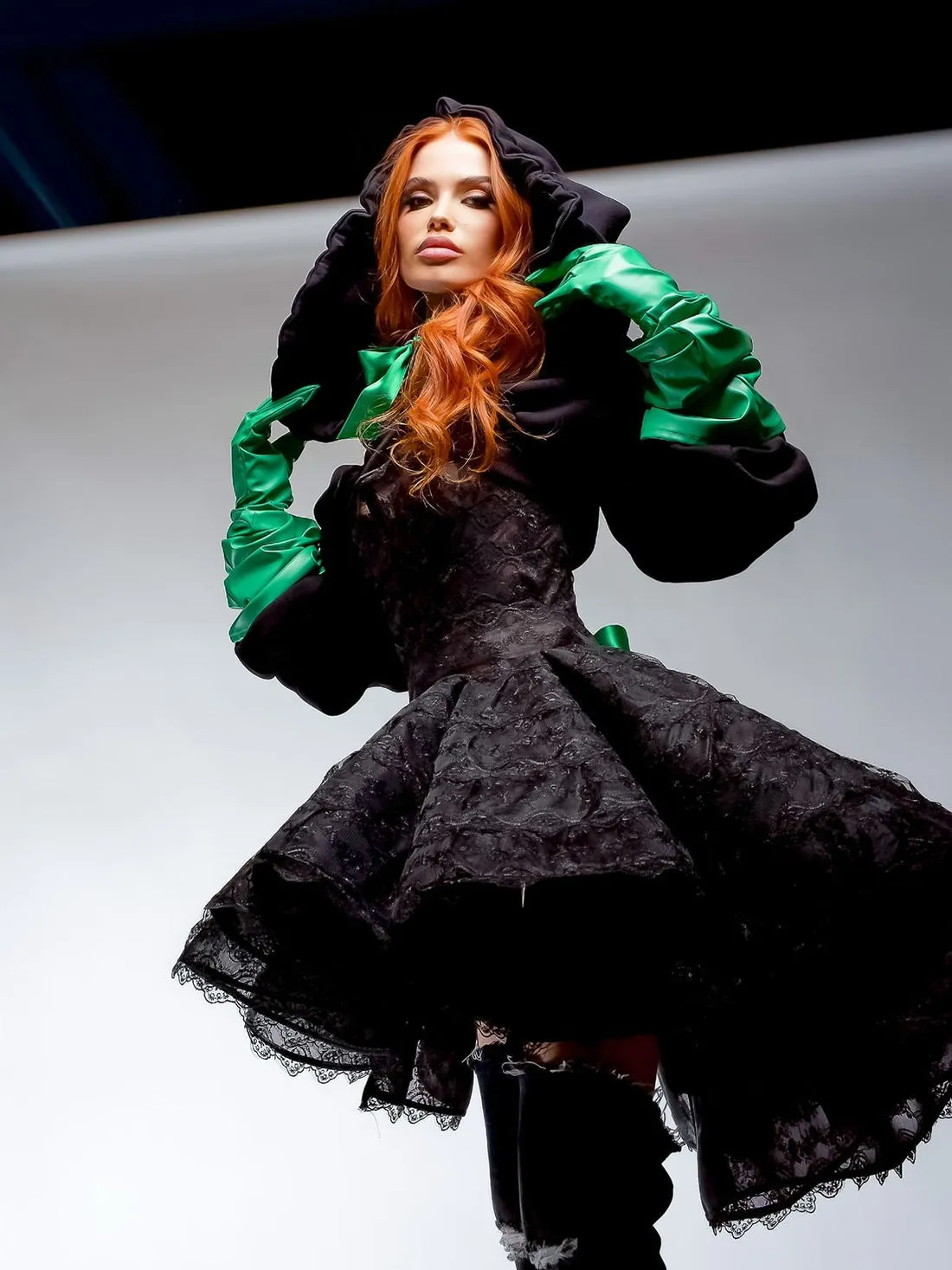 Lillian Elegant Black with Green Gloves  Evening Dress