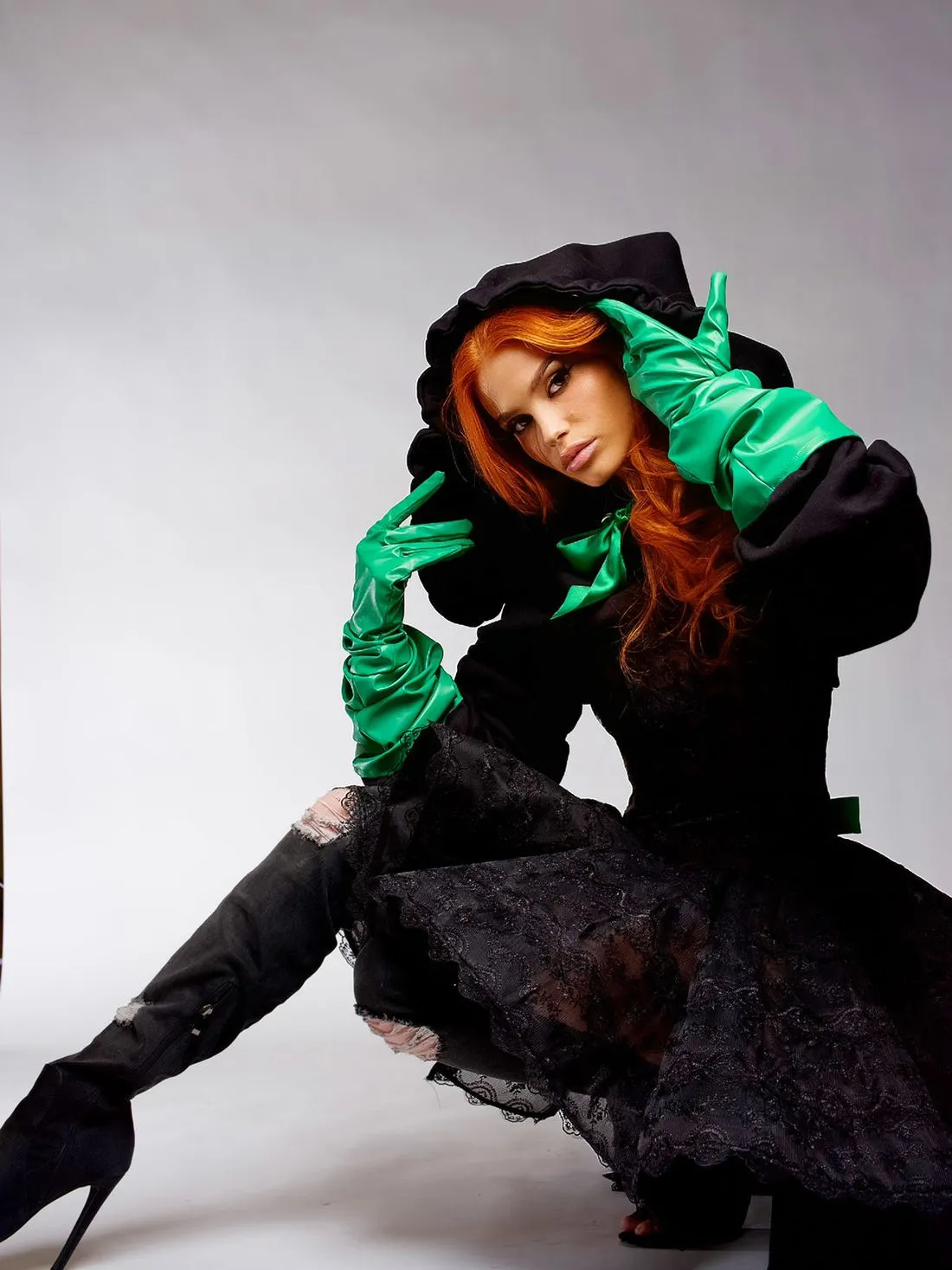 Lillian Elegant Black with Green Gloves  Evening Dress