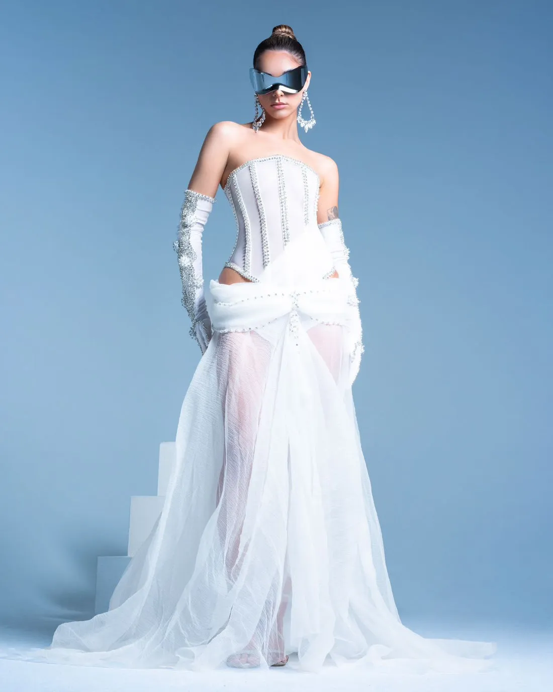 Lorelei White Strapless With Gloves Weeding  Dress