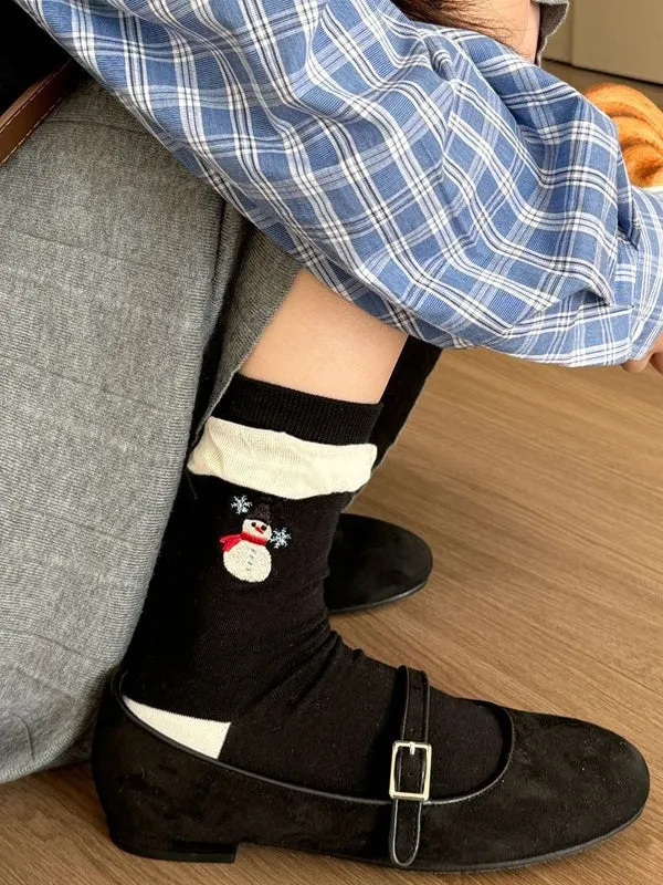 White Black Cute Snowman Embroidered Calf Socks
